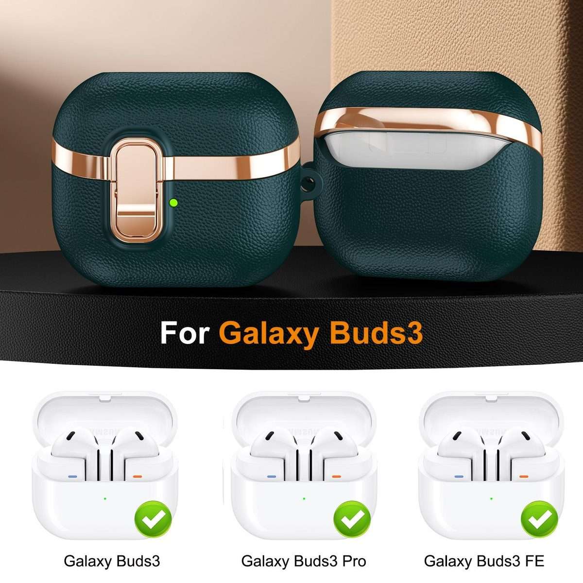 For Samsung Galaxy Buds3 Electroplated Leather Texture Wireless Earphones Protect ... (Dark Green)