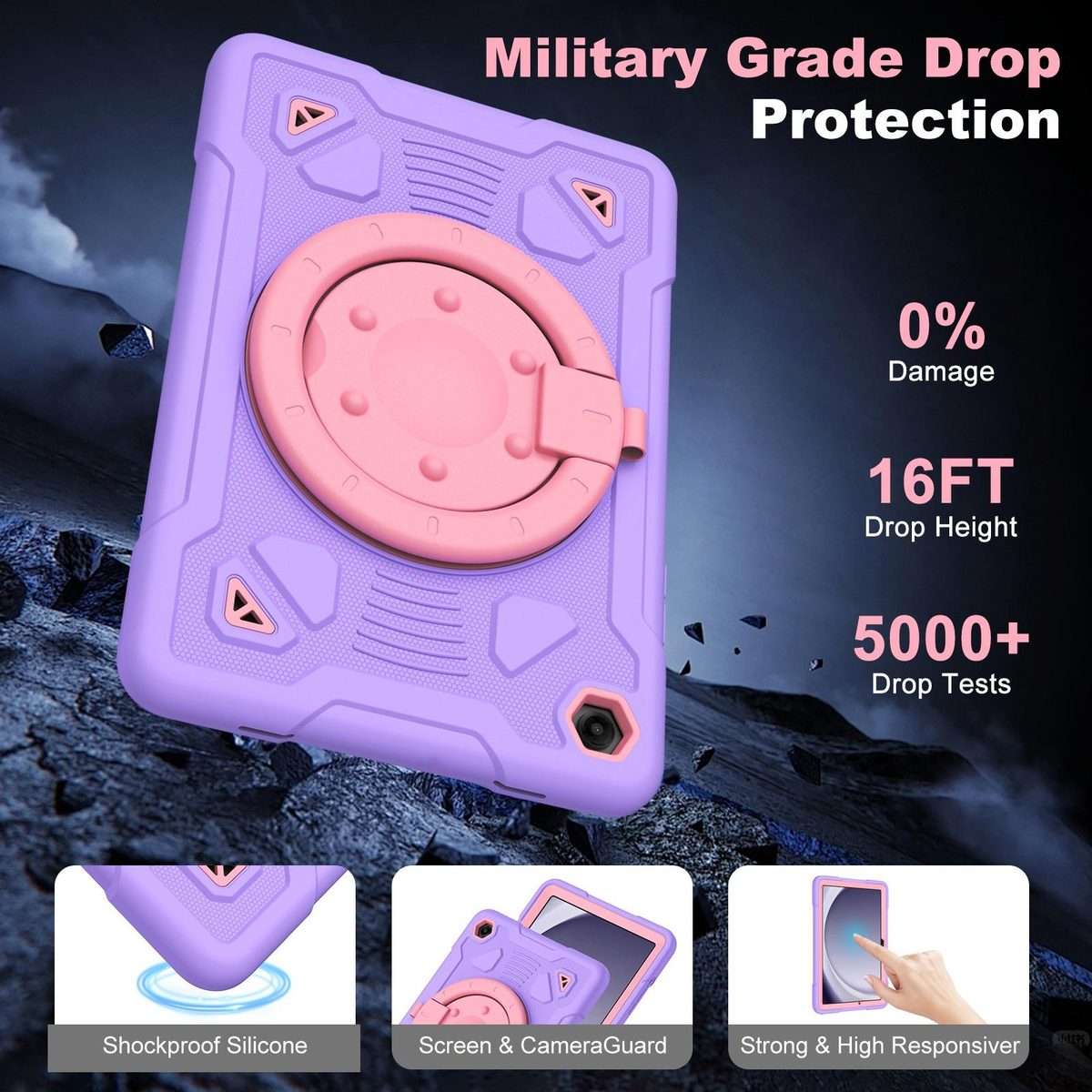 For Samsung Galaxy Tab A11 / A9 Space Planet Ring Holder Silicone Hydric PC Tabl ... (Pink Purple)