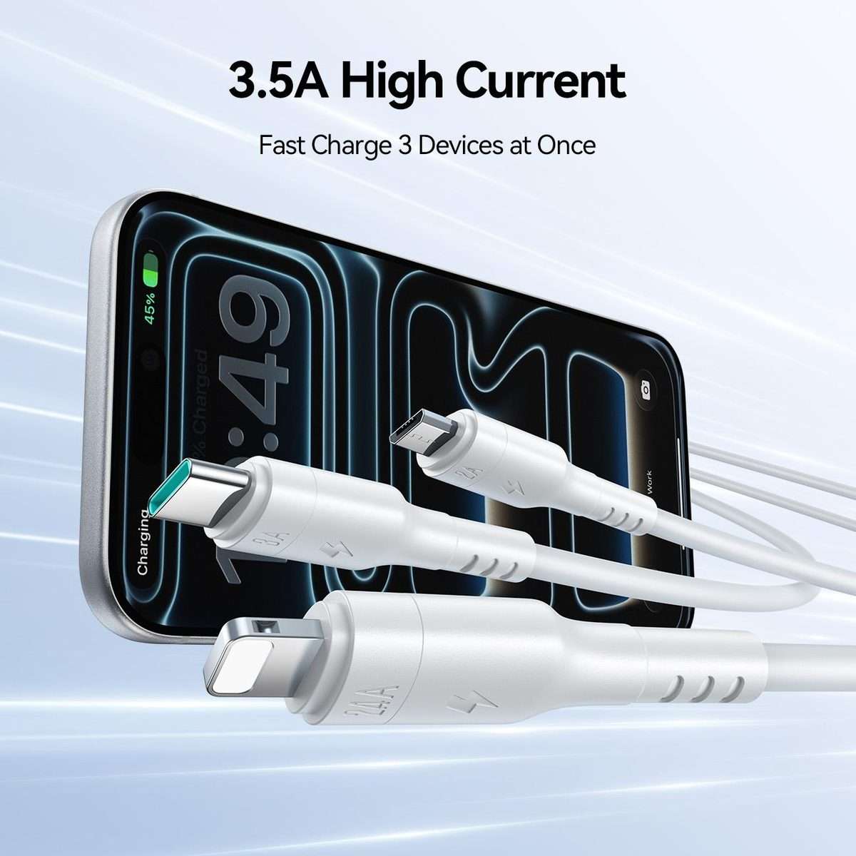 JOYROOM A61 OmniGo Series 3.5A USB to 8 Pin + USB-C / Type-C, Micro USB 3 in 1 Chargin ... (White)