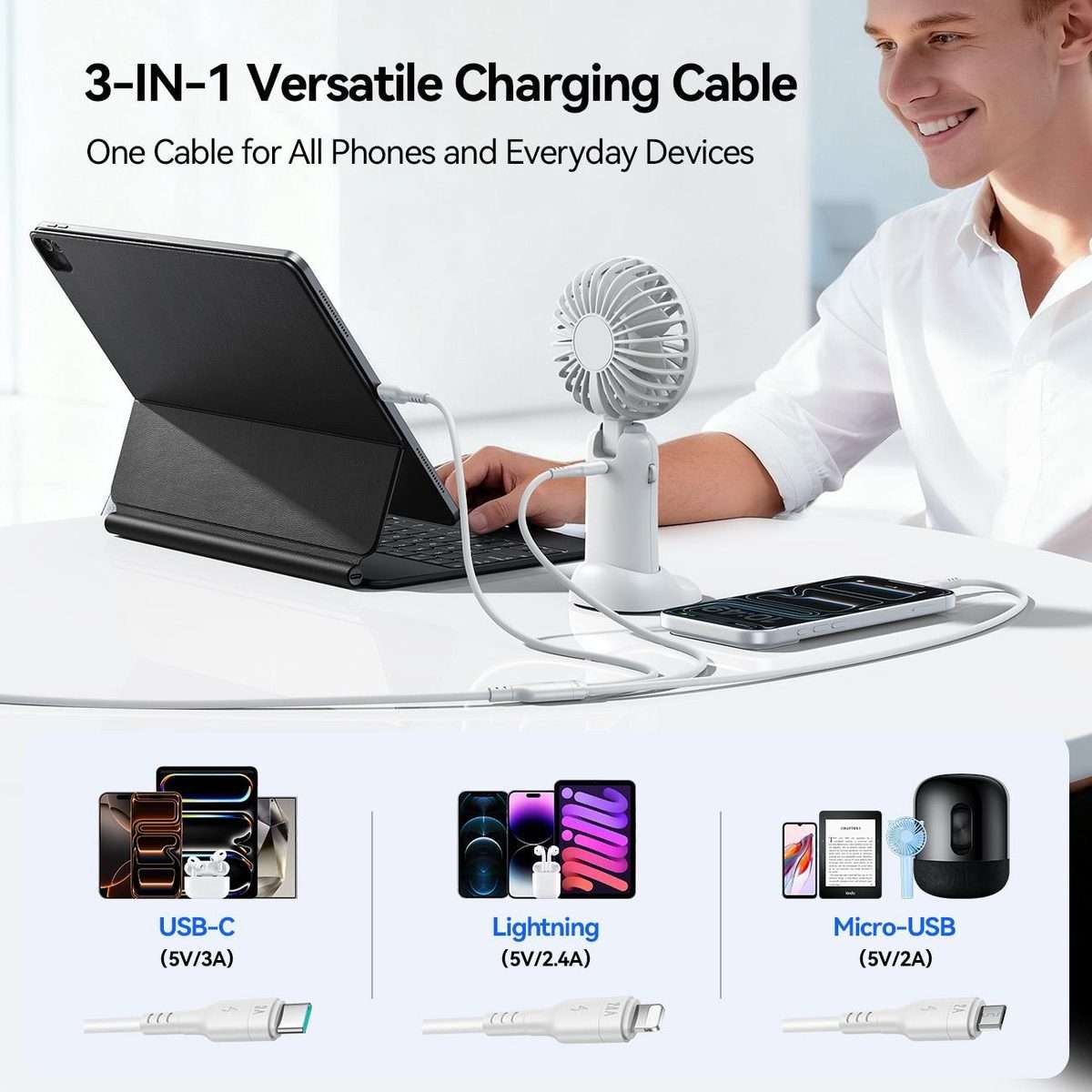 JOYROOM A61 OmniGo Series 3.5A USB-C / Type-C to 8 Pin + USB-C / Type-C, Micro USB 3 i ... (White)