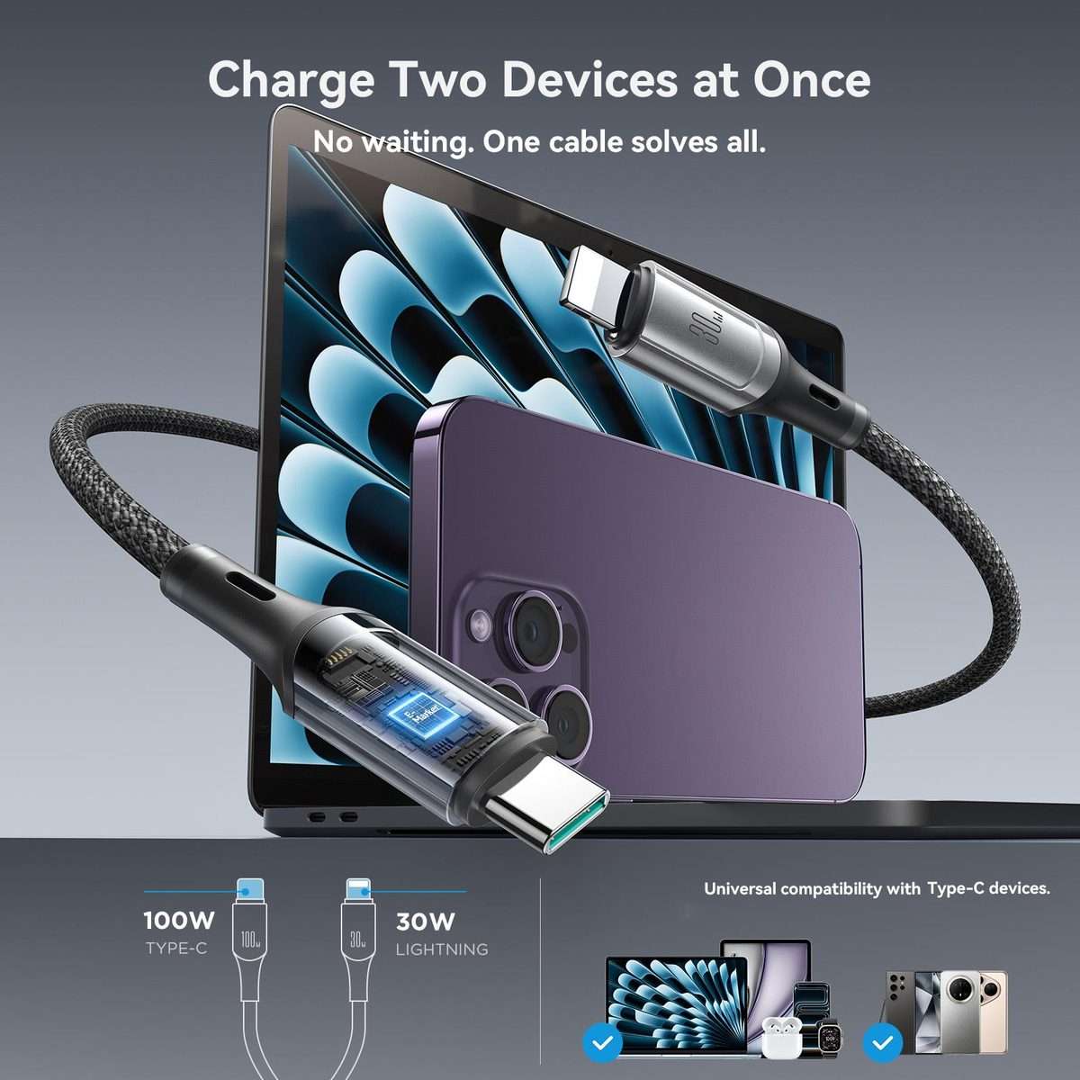 JOYROOM S-A57 RapidX Series 100W 2-in-1 USB-C / Type-C to USB-C / Type-C, 8 Pin Fa ... (Dark Gray)
