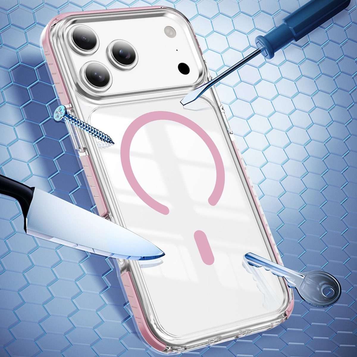For iPhone 17 Pro Max Crystal Shield Clear Magnetic Acrylic Hybrid TPU Phone Case(Pink)