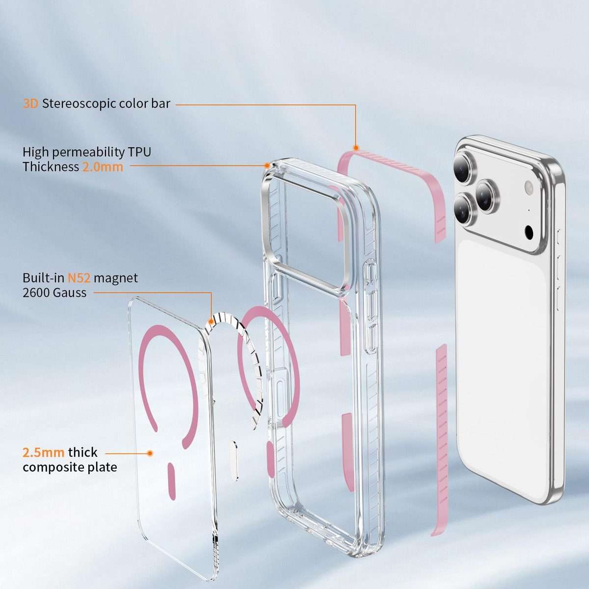 For iPhone 17 Pro Max Crystal Shield Clear Magnetic Acrylic Hybrid TPU Phone Case(Pink)