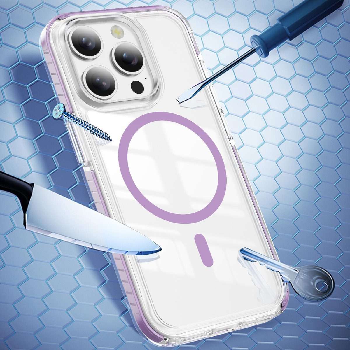 For iPhone 15 Pro Max Crystal Shield Clear Magnetic Acrylic Hybrid TPU Phone Case(Purple)