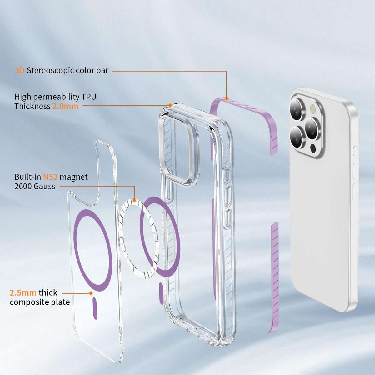 For iPhone 15 Pro Max Crystal Shield Clear Magnetic Acrylic Hybrid TPU Phone Case(Purple)
