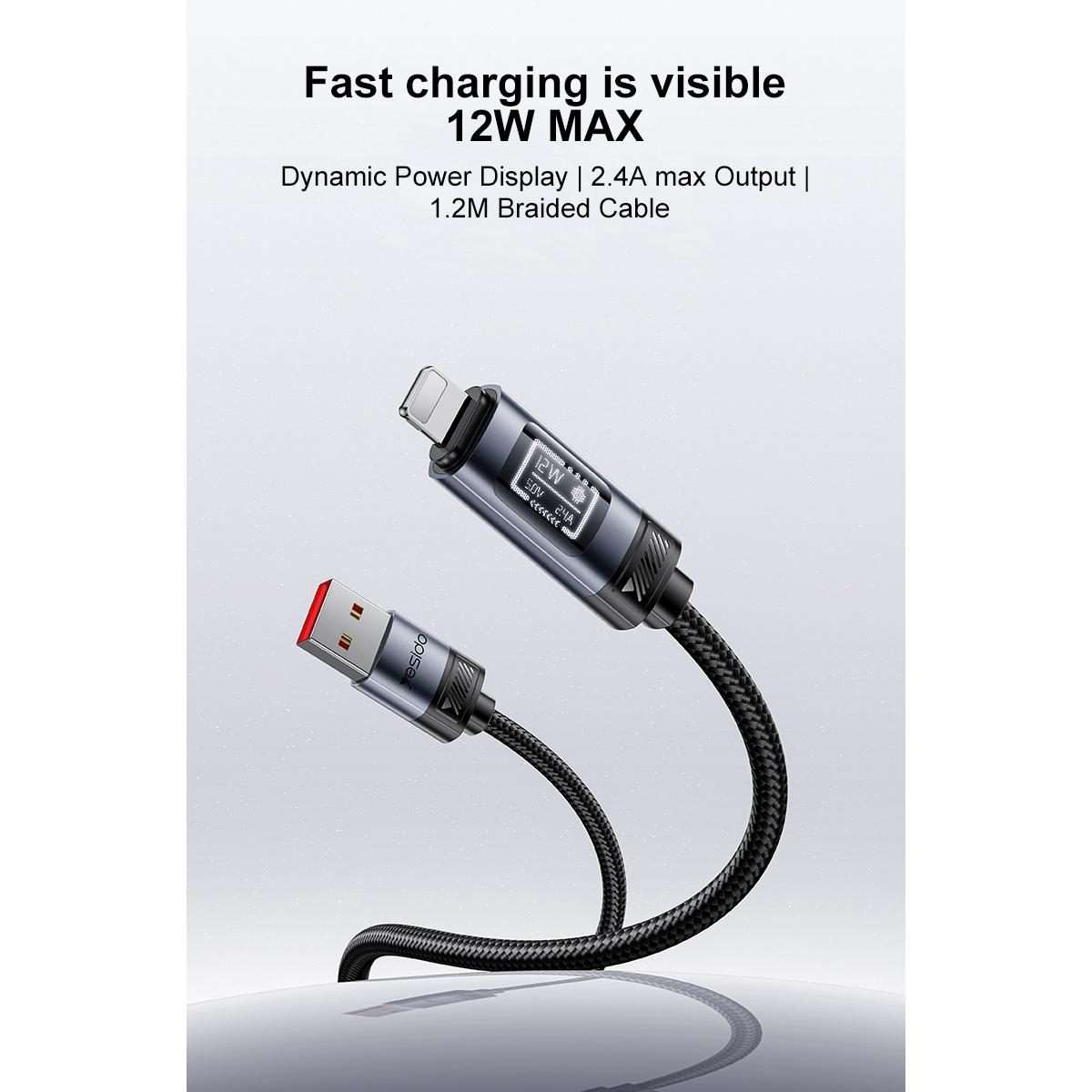 Yesido CA138L 12W 2.4A USB to 8 Pin OLED Display Charging Data Cable, Length:1.2m(Black)