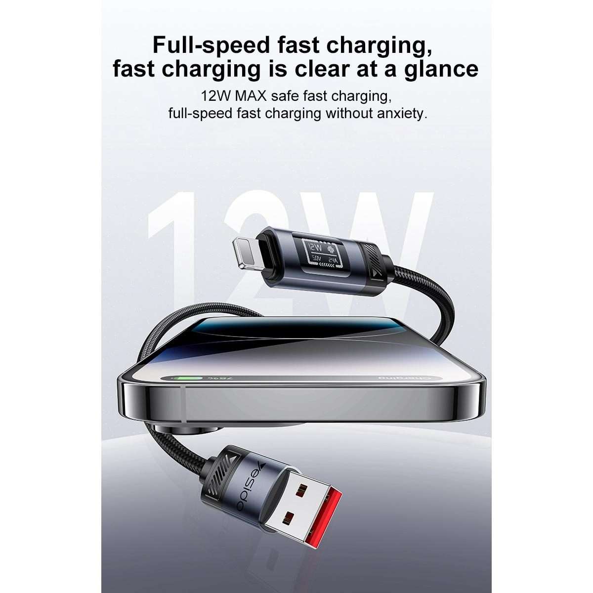 Yesido CA138L 12W 2.4A USB to 8 Pin OLED Display Charging Data Cable, Length:1.2m(Black)