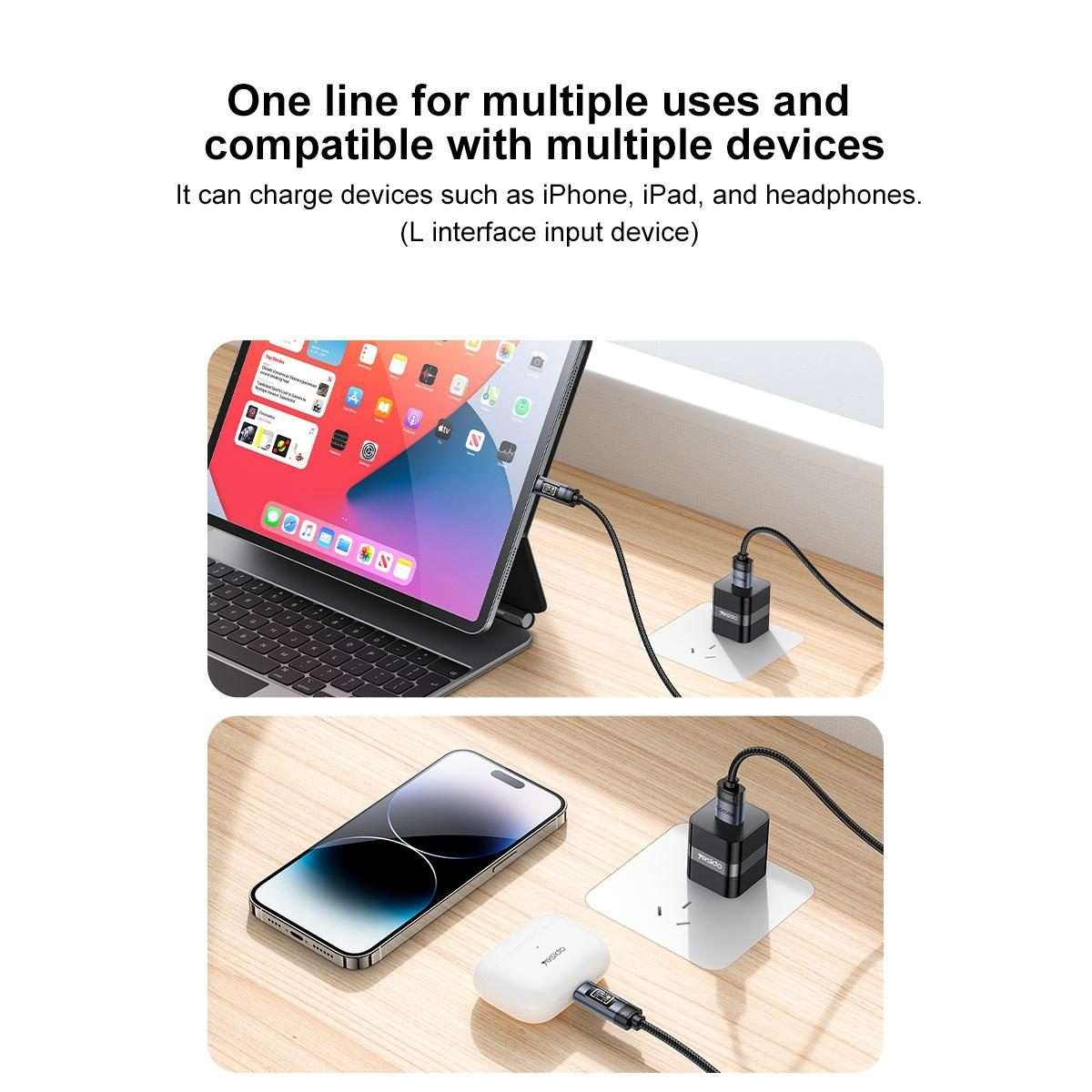 Yesido CA138L 12W 2.4A USB to 8 Pin OLED Display Charging Data Cable, Length:1.2m(Black)