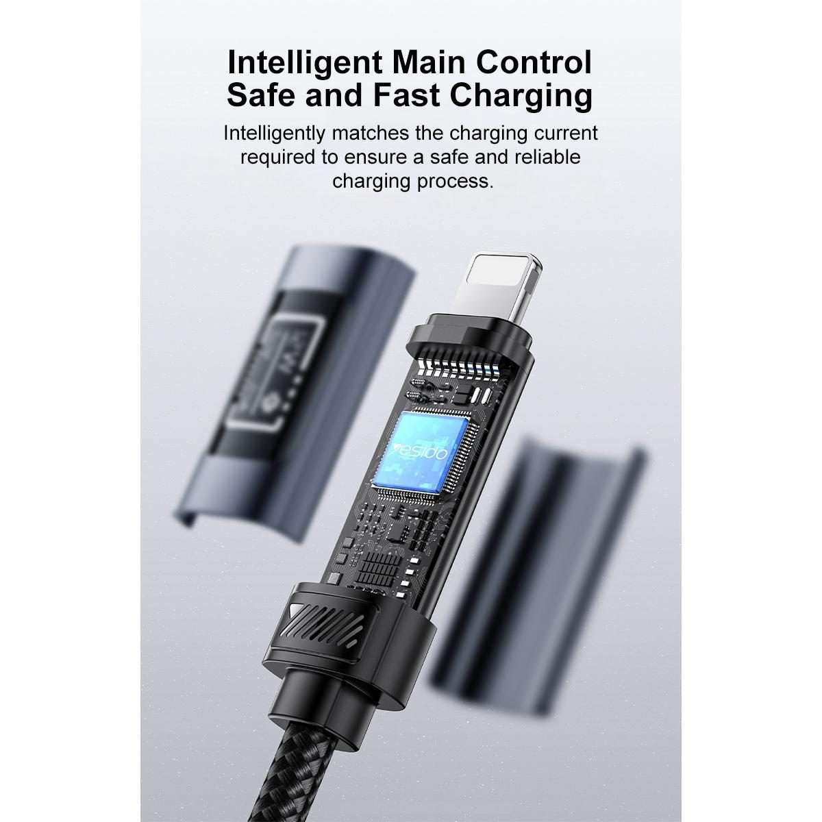 Yesido CA138L 12W 2.4A USB to 8 Pin OLED Display Charging Data Cable, Length:1.2m(Black)