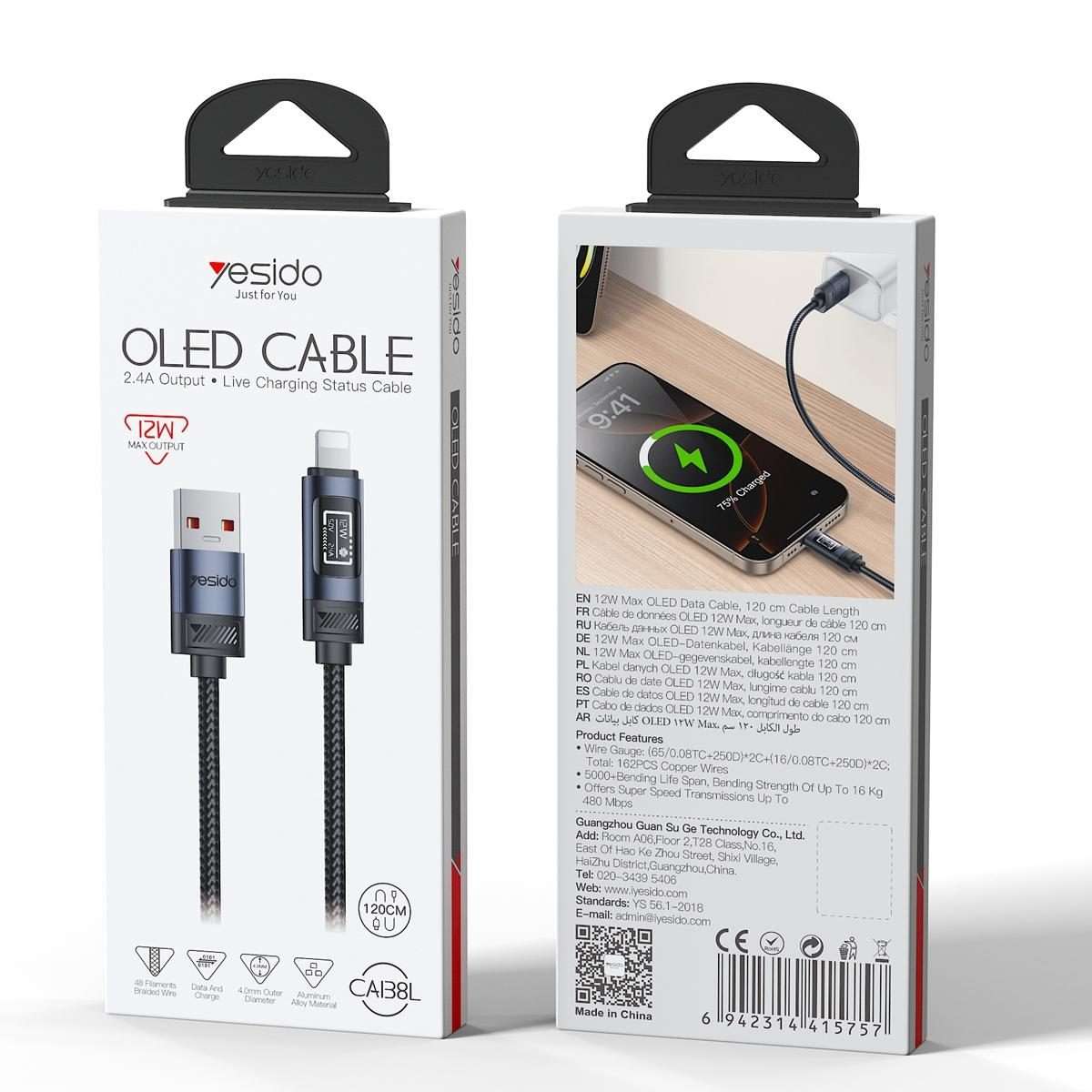 Yesido CA138L 12W 2.4A USB to 8 Pin OLED Display Charging Data Cable, Length:1.2m(Black)