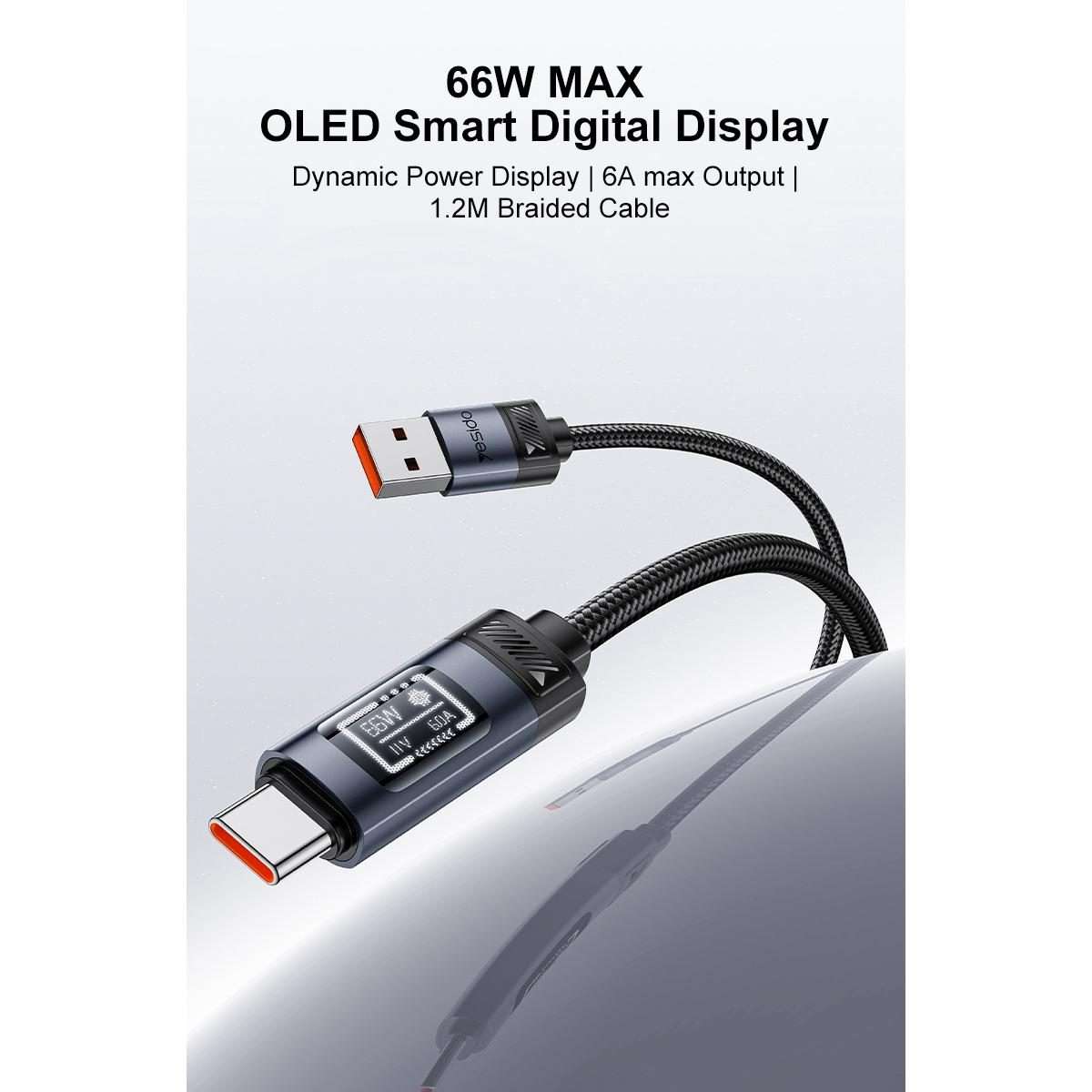 Yesido CA138C 66W USB to Type-C OLED Display Charging Data Cable, Length:1.2m(Black)