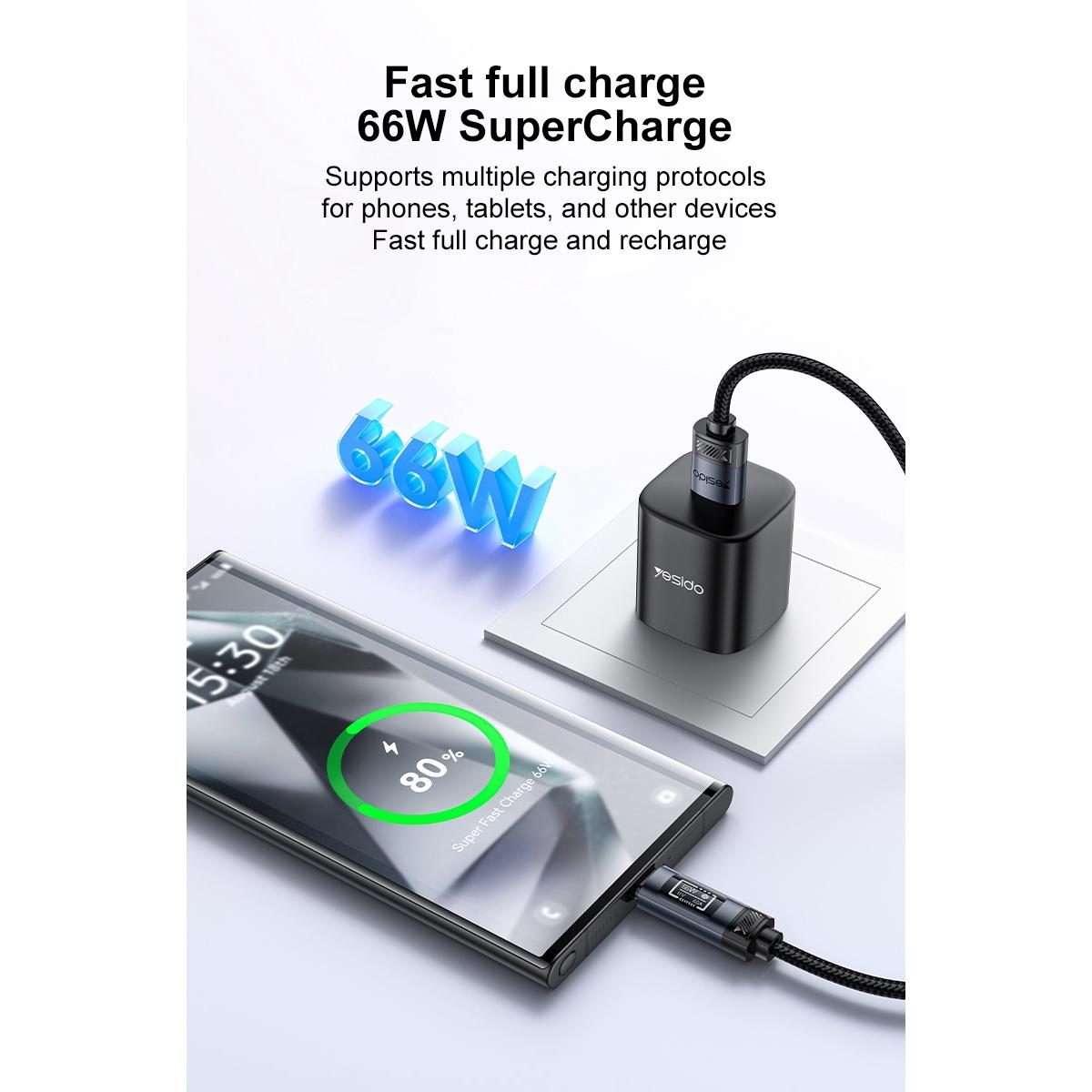 Yesido CA138C 66W USB to Type-C OLED Display Charging Data Cable, Length:1.2m(Black)