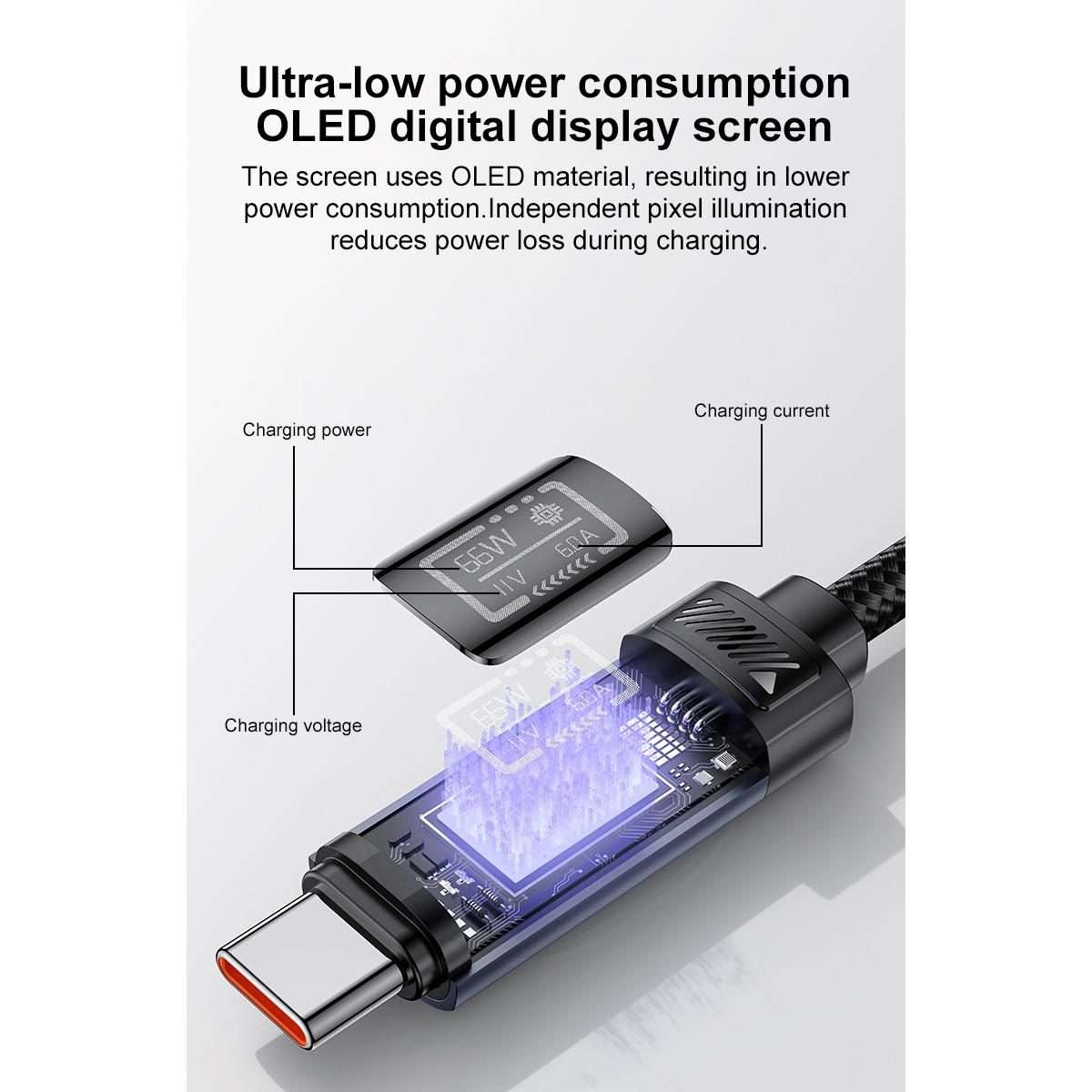 Yesido CA138C 66W USB to Type-C OLED Display Charging Data Cable, Length:1.2m(Black)