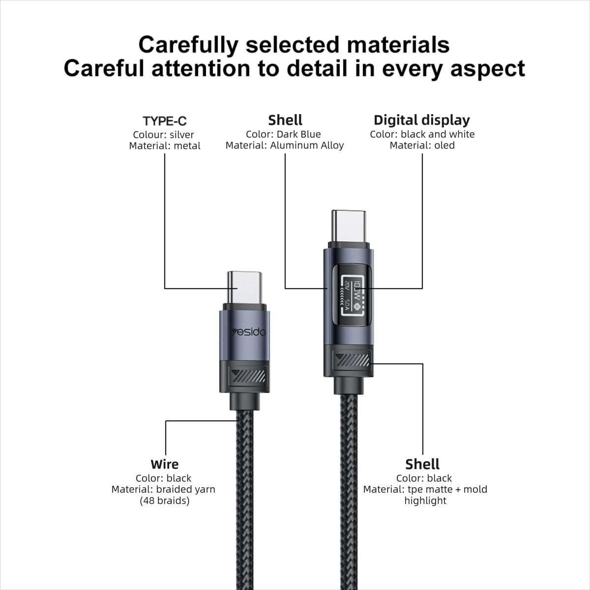 Yesido CA138C 66W USB to Type-C OLED Display Charging Data Cable, Length:1.2m(Black)