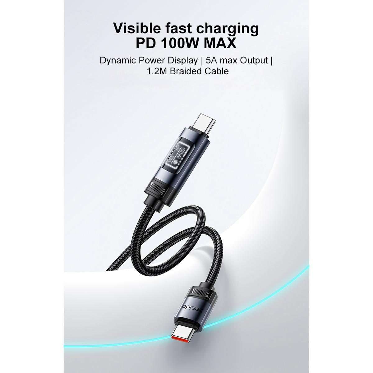 Yesido CA202 100W 5A Type-C to Type-C OLED Display Charging Data Cable, Length:1.2m(Black)