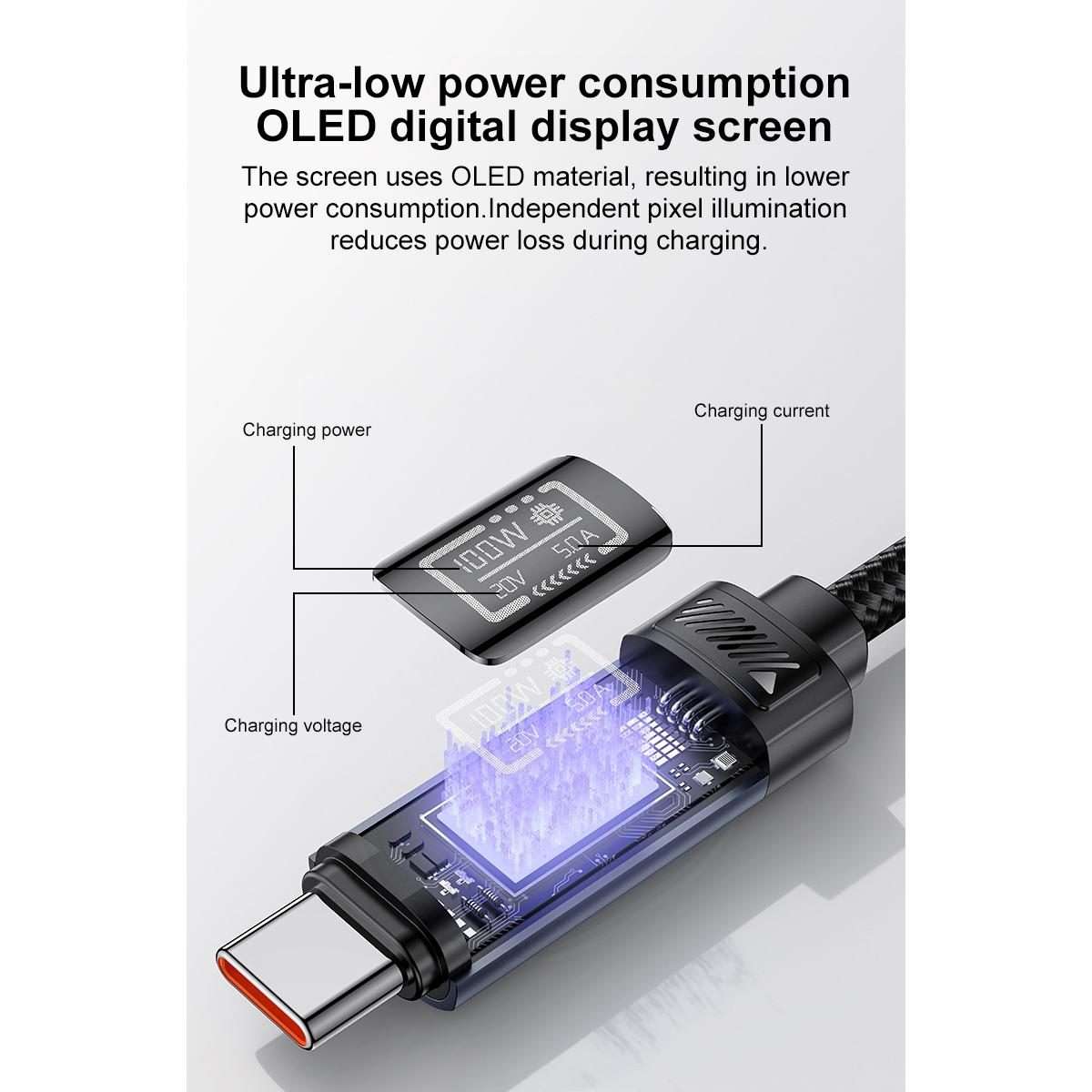 Yesido CA202 100W 5A Type-C to Type-C OLED Display Charging Data Cable, Length:1.2m(Black)