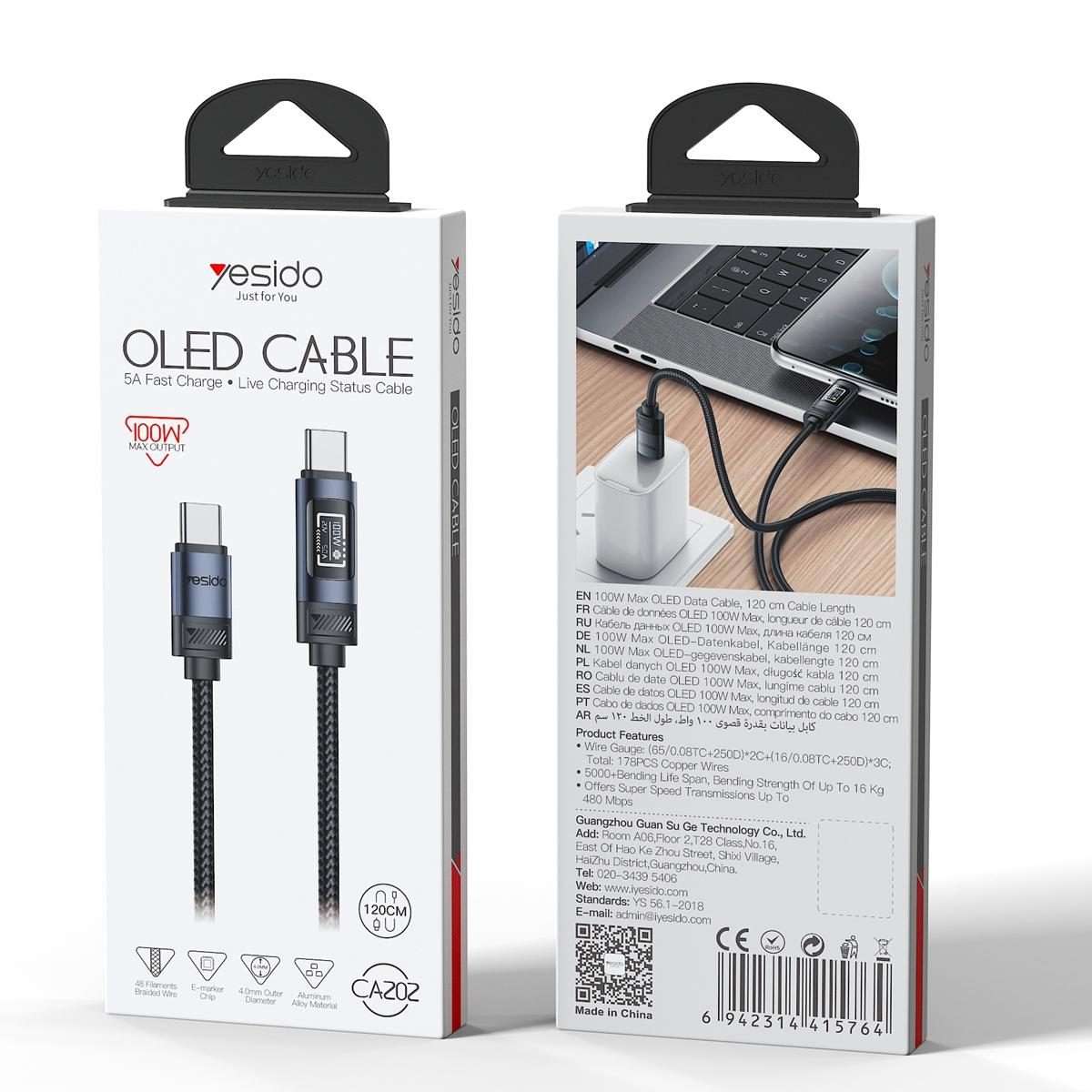 Yesido CA202 100W 5A Type-C to Type-C OLED Display Charging Data Cable, Length:1.2m(Black)