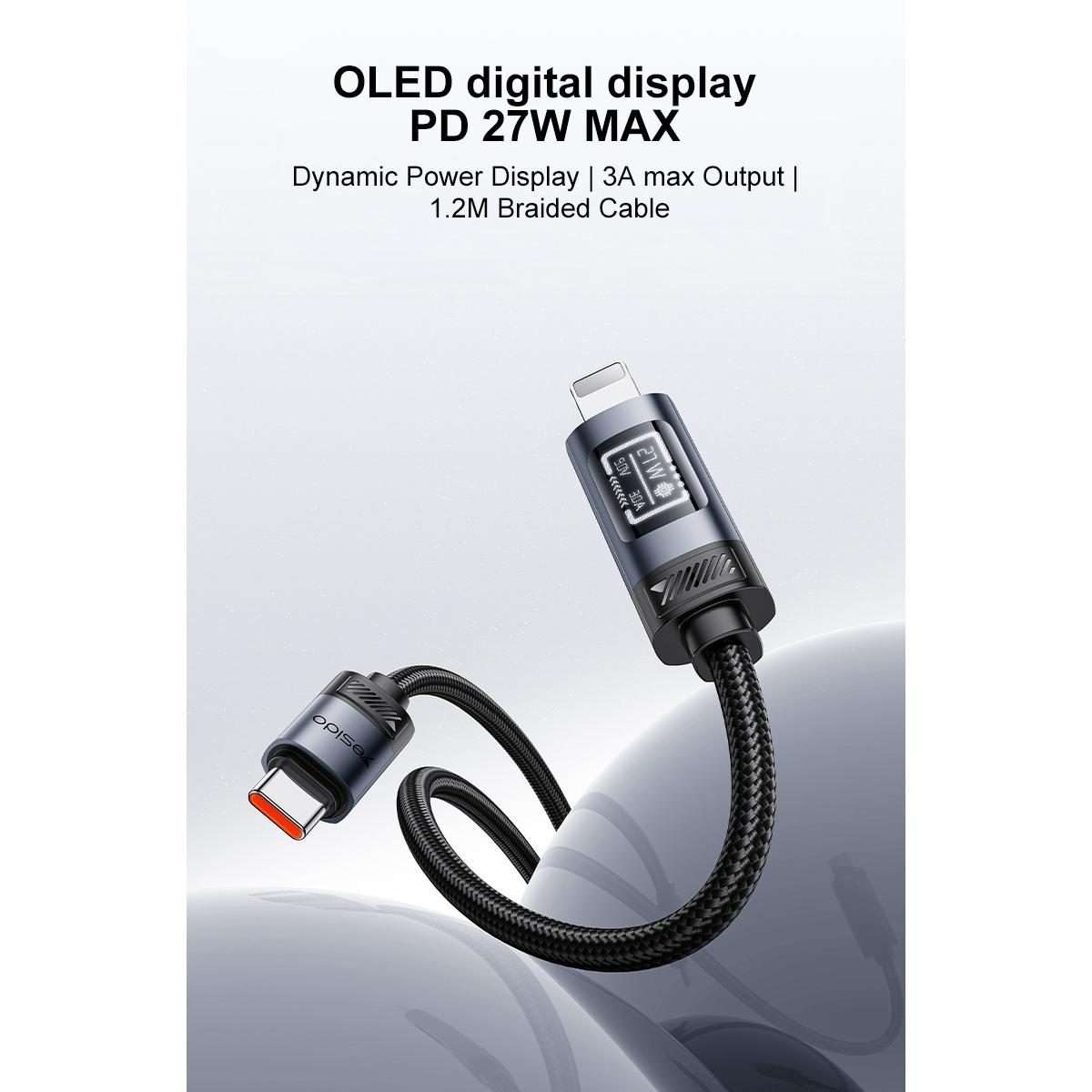 Yesido CA201 27W Type-C to 8 Pin OLED Display Charging Data Cable, Length:1.2m(Black)