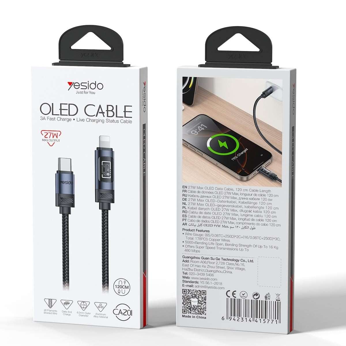 Yesido CA201 27W Type-C to 8 Pin OLED Display Charging Data Cable, Length:1.2m(Black)