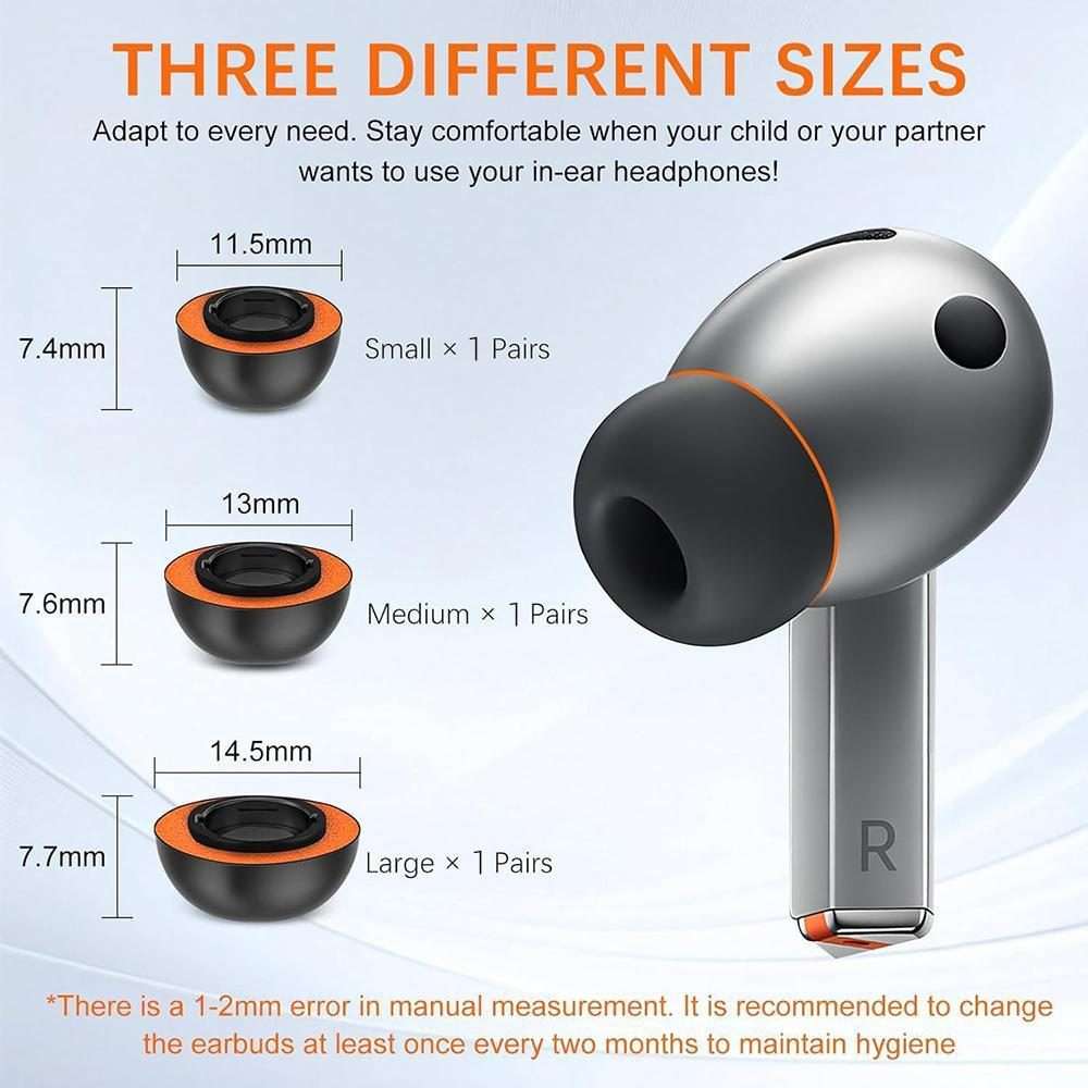 For Samsung Galaxy Buds3 Pro XDcase 3 Pairs Replacement Silicone Sponge Ear Tip ... (Black Orange)