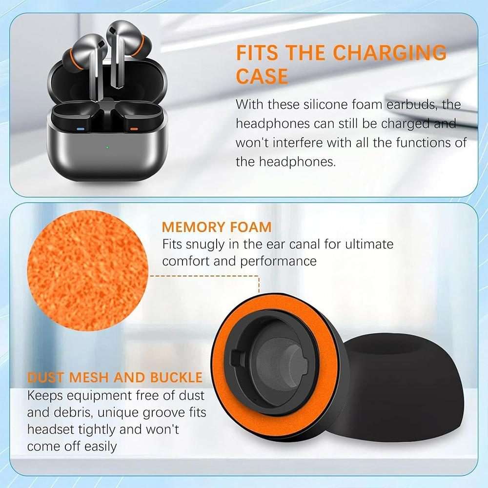 For Samsung Galaxy Buds3 Pro XDcase 3 Pairs Replacement Silicone Sponge Ear Tip ... (Black Orange)