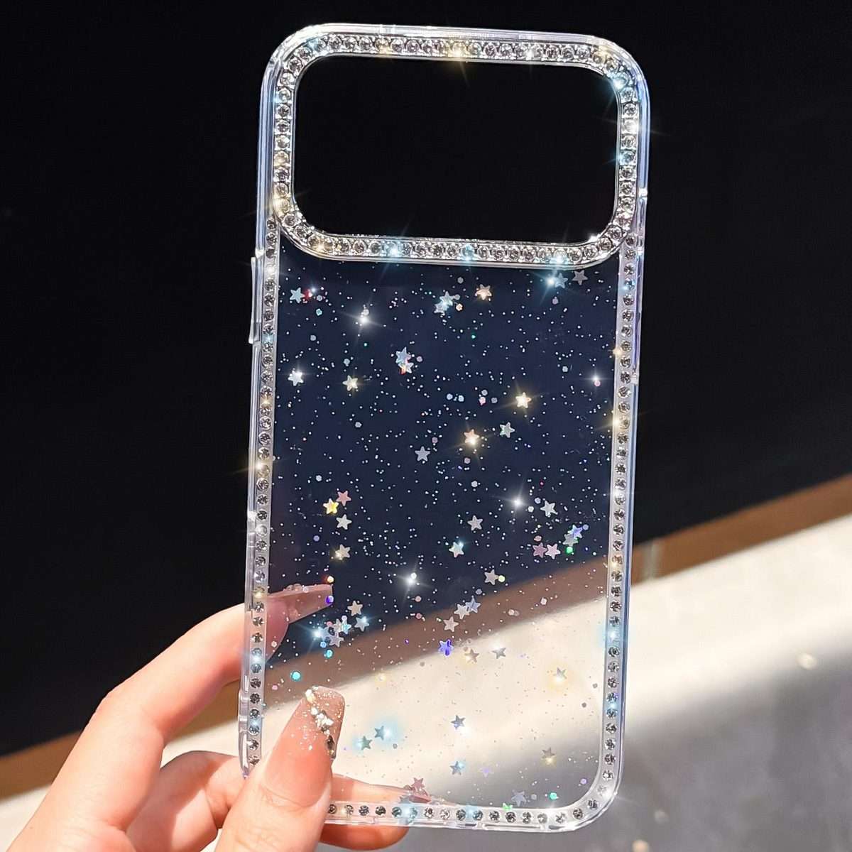 For iPhone 14 Pro Rhinestone Dual-side IMD PC Hybrid TPU Phone Case(Glitter Stars)