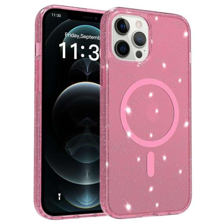 For iPhone 12 Pro Max Clear Glitter Magnetic PC Hybrid TPU Phone Case(Pink)