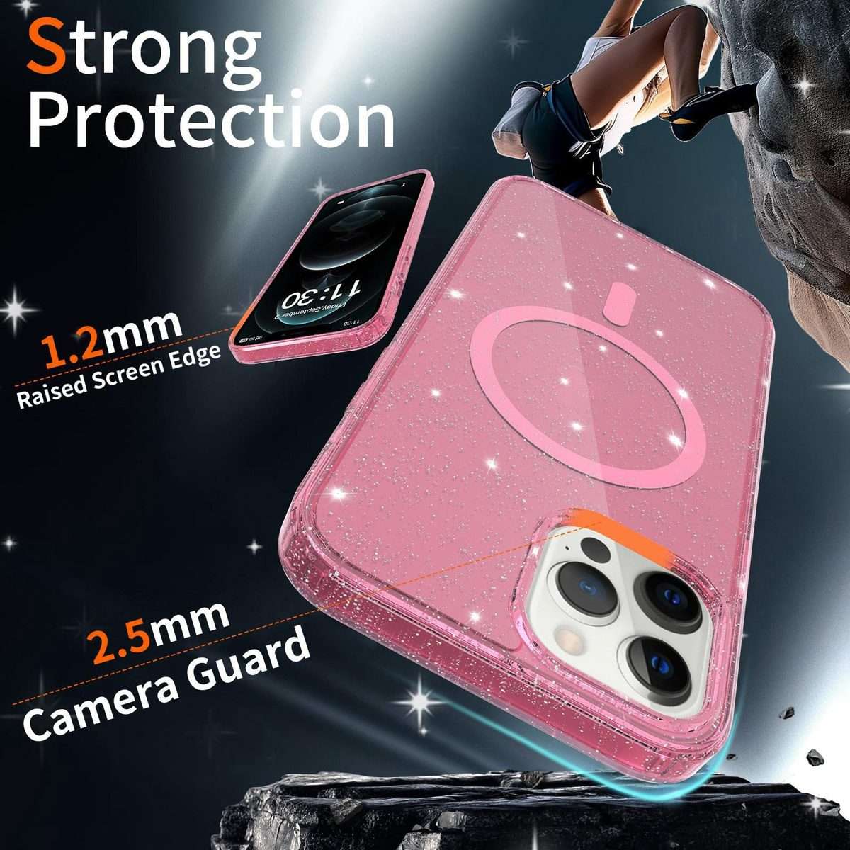For iPhone 12 Pro Max Clear Glitter Magnetic PC Hybrid TPU Phone Case(Pink)