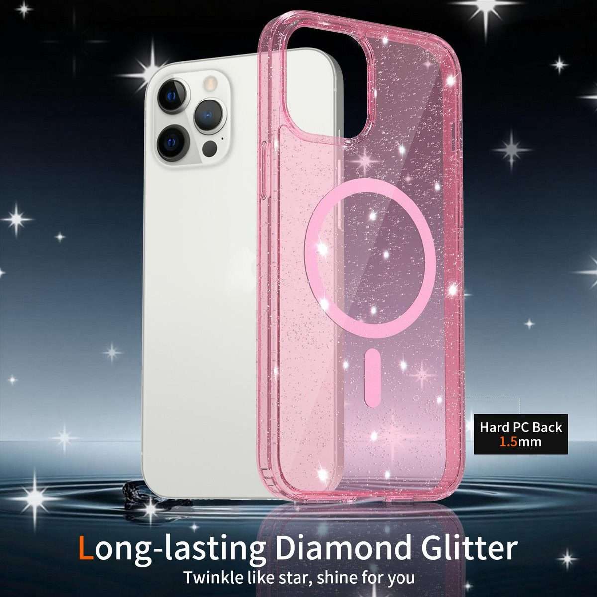 For iPhone 12 Pro Max Clear Glitter Magnetic PC Hybrid TPU Phone Case(Pink)