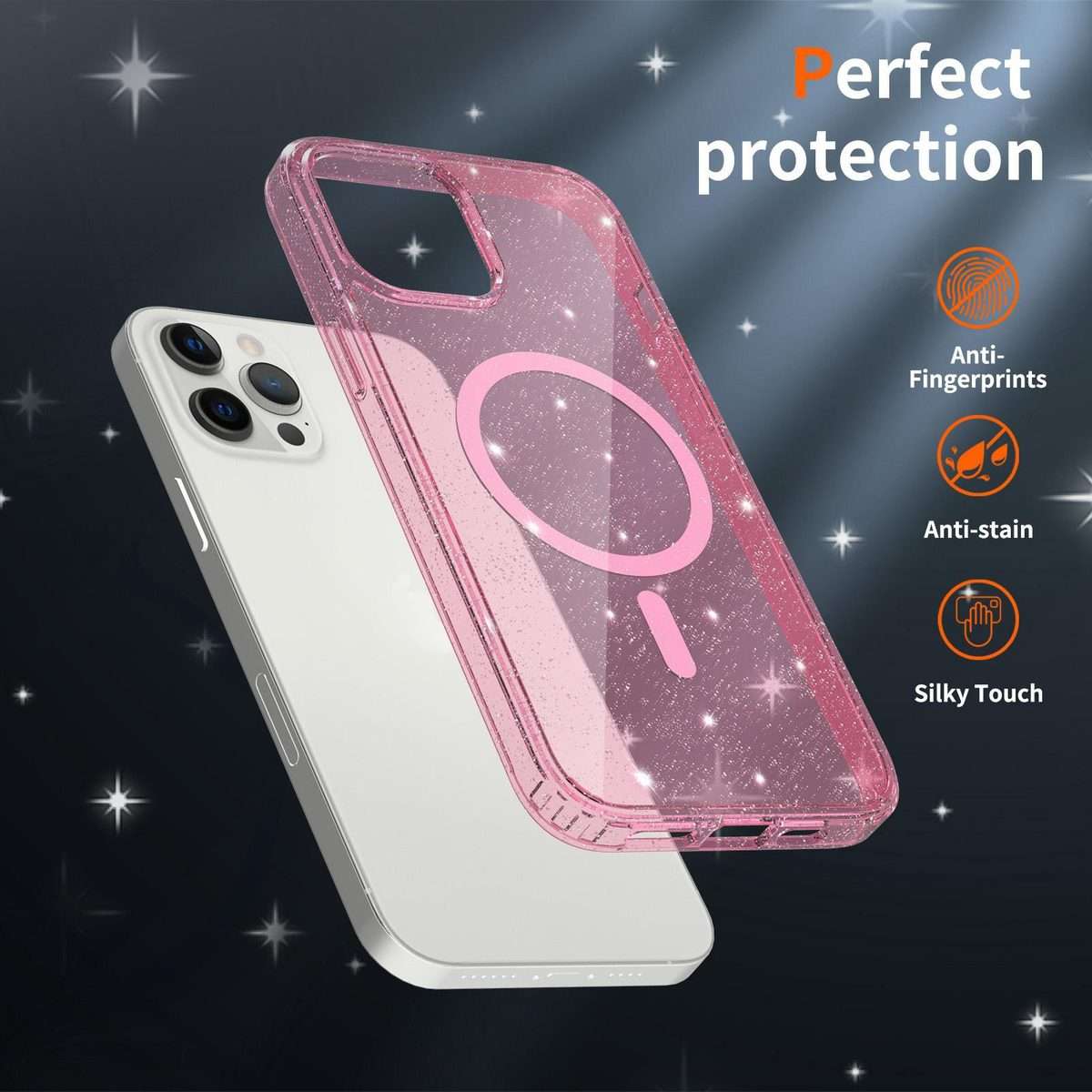 For iPhone 12 Pro Max Clear Glitter Magnetic PC Hybrid TPU Phone Case(Pink)