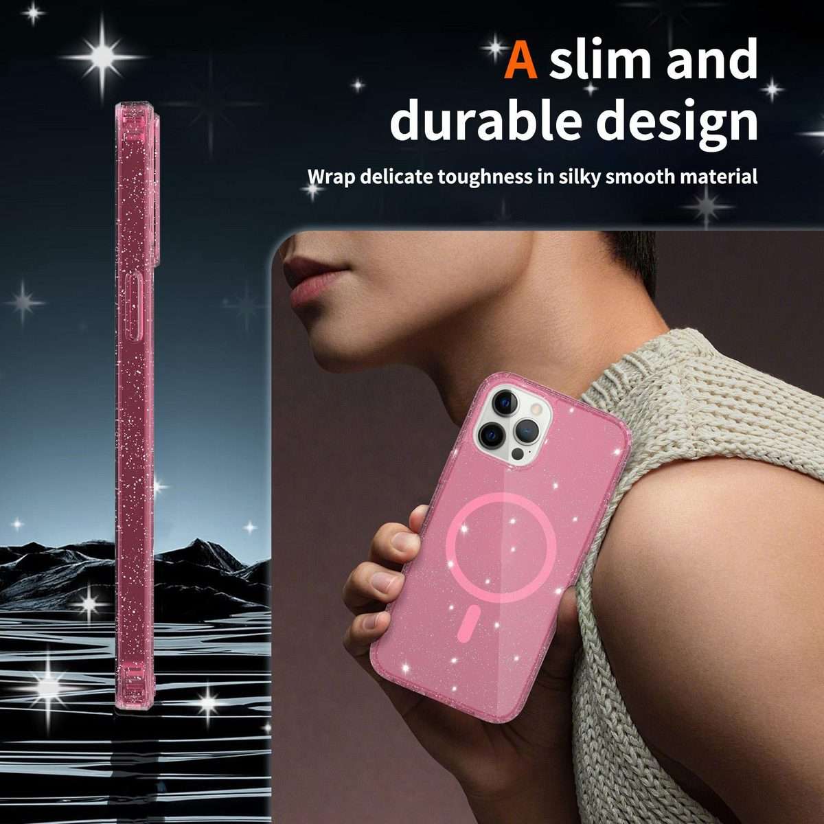 For iPhone 12 Pro Max Clear Glitter Magnetic PC Hybrid TPU Phone Case(Pink)