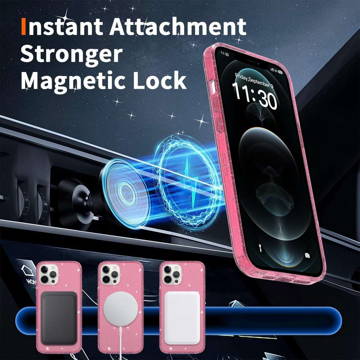 For iPhone 12 Pro Max Clear Glitter Magnetic PC Hybrid TPU Phone Case(Pink)