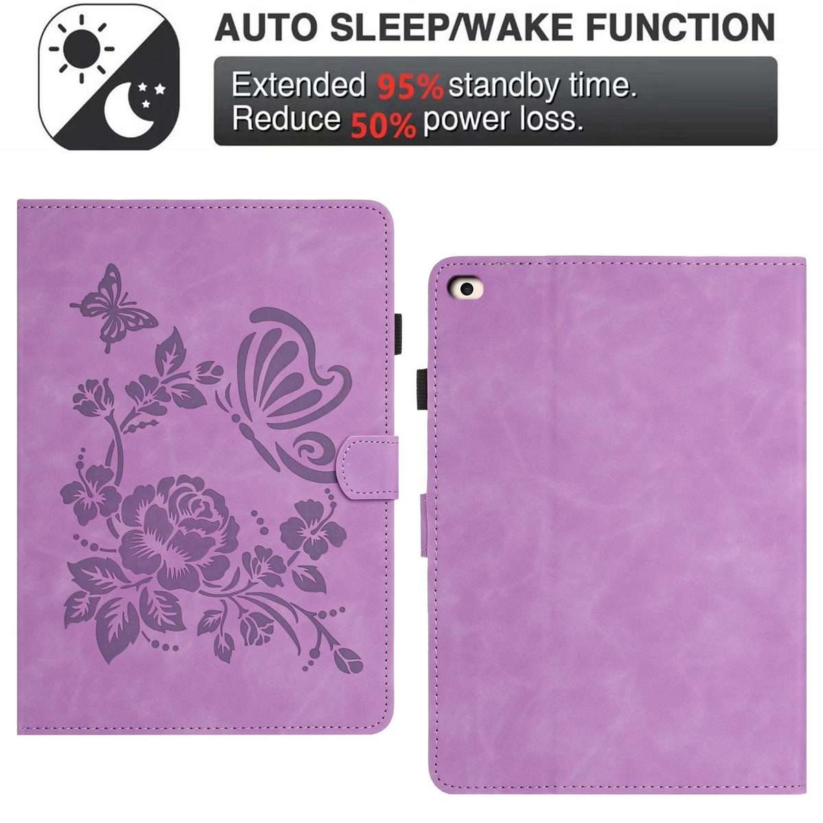 For iPad 9.7 2018 / 2017 Butterfly Loves Flowers Embossed Leather Smart Tablet Case(Light Purple)