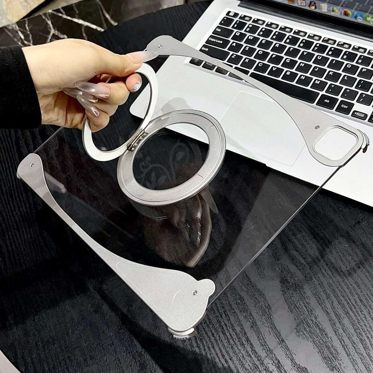 For iPad Pro 11 2025 / 2024 White Glazed Clear Acrylic Hybrid Metal Tablet Case with ... (Silver)