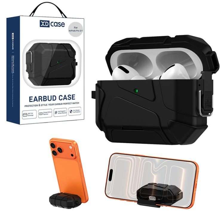 For AirPods Pro 2 / 1 XDcase Football-style Security Lock TPU Earbud Case with Hook & ... (Black)