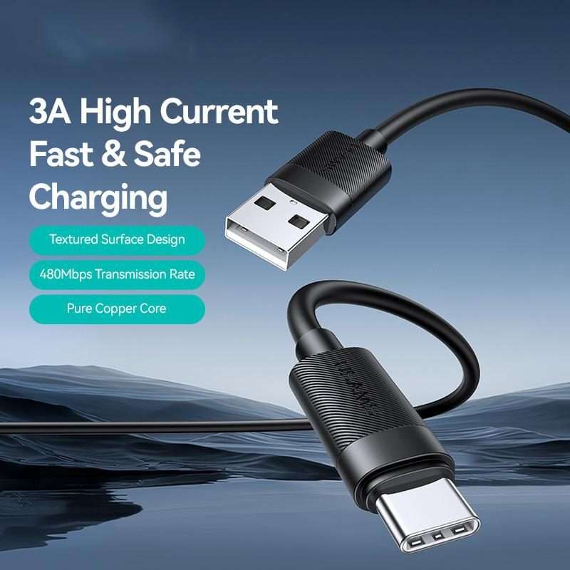 USAMS SJ777 U94 USB to Type-C 3A Fast Charging Data Cable, Length:1m(Black)