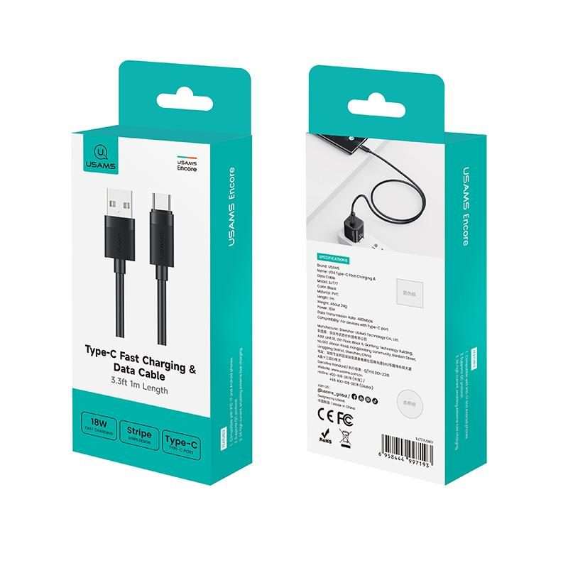 USAMS SJ777 U94 USB to Type-C 3A Fast Charging Data Cable, Length:1m(Black)