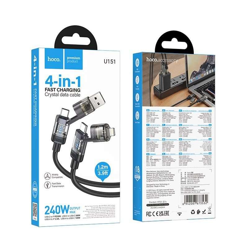 hoco U151 240W 4 in 1 USB and Type-C to Type-C and 8 Pin Charging Cable,Length: 1.2m(Black)