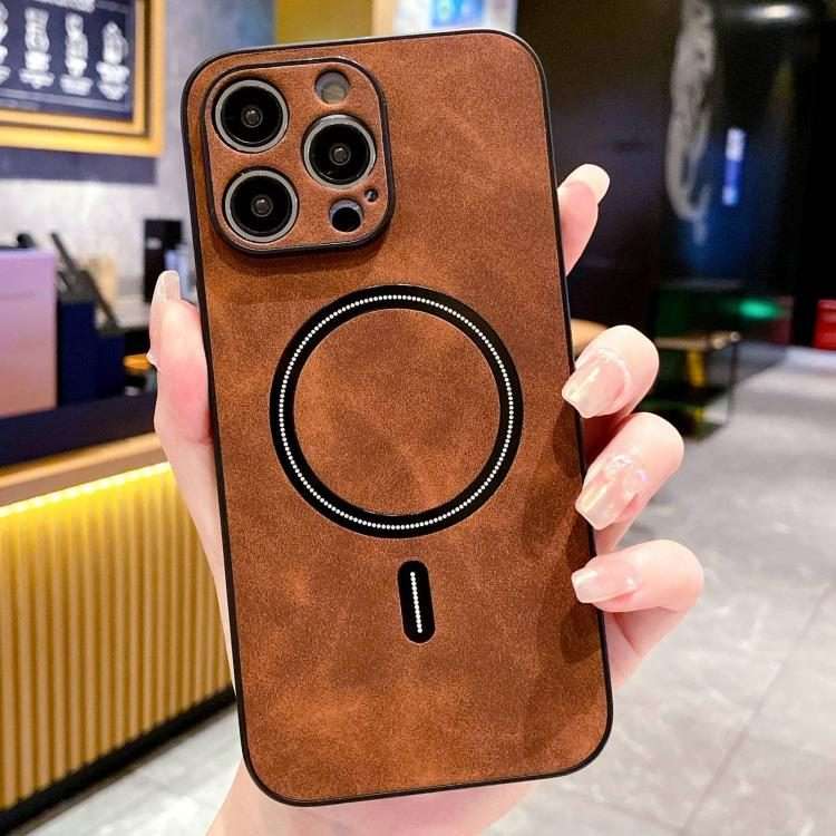 For iPhone 12 Pro Max Lambskin Faux Leather Magnetic Phone Case(Dark Brown)