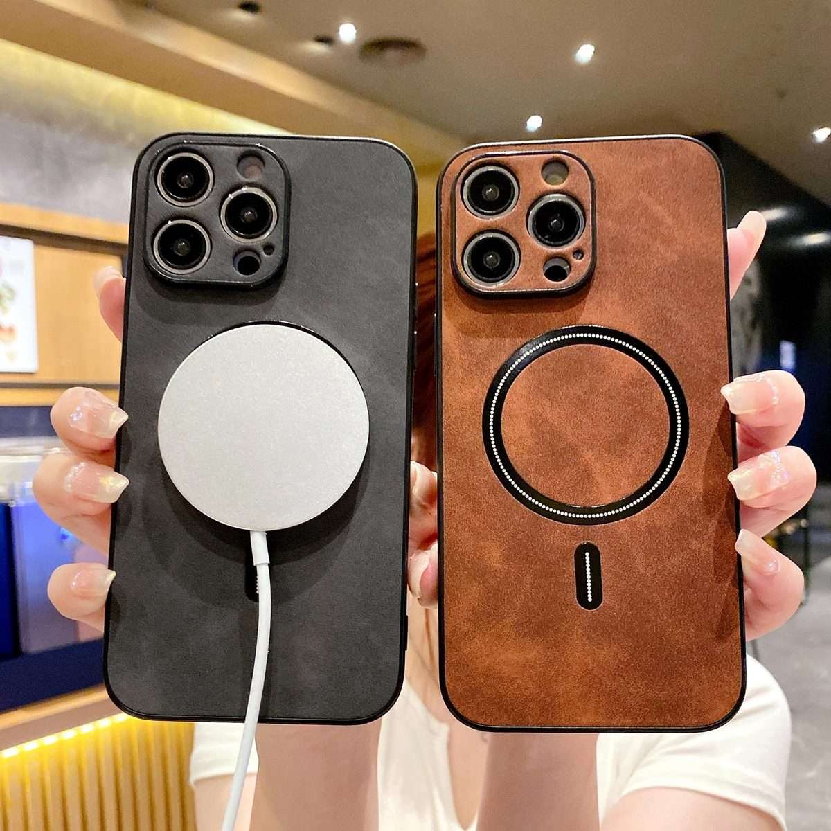 For iPhone 13 Pro Lambskin Faux Leather Magnetic Phone Case(Dark Brown)