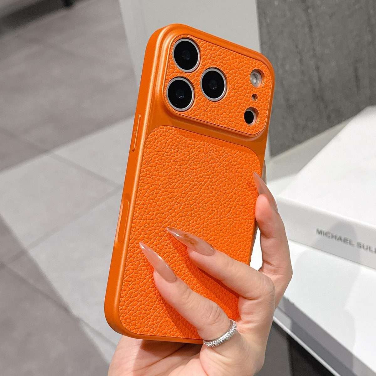 For iPhone 12 Pro Max Transforms Into 17 Series Large Window Frosted Lychee Textur ... (Dark Blue)