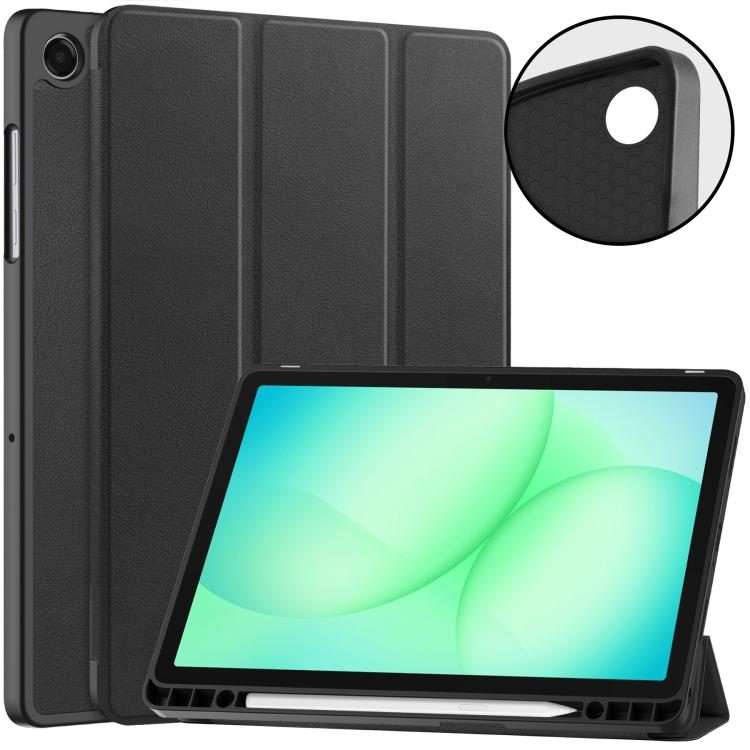 For Samsung Galaxy Tab A11+ Custer TPU Pure Color 3-Fold Holder Smart Leather Tablet C ... (Black)