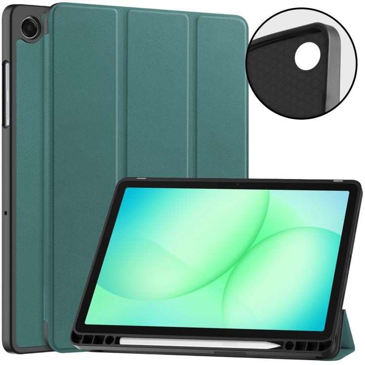 For Samsung Galaxy Tab A11+ Custer TPU Pure Color 3-Fold Holder Smart Leather Tab ... (Dark Green)