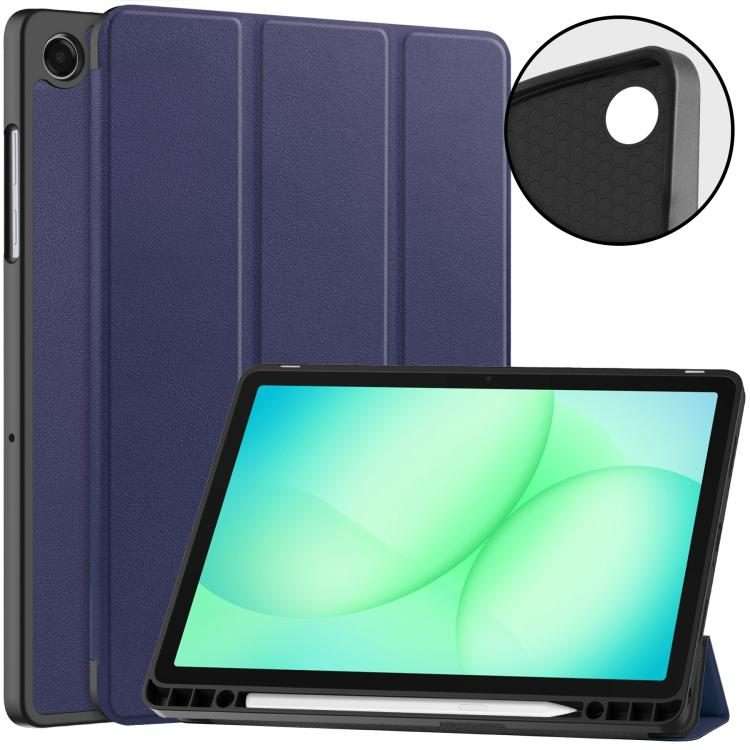 For Samsung Galaxy Tab A11+ Custer TPU Pure Color 3-Fold Holder Smart Leather Tabl ... (Dark Blue)