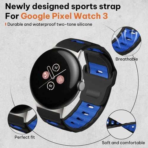 For Google Pixel Watch 4 / 3 / 2 / 1 41mm xDfind Flat-head Dual-color Silic ... (Black+Royal Blue)