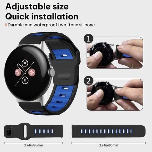 For Google Pixel Watch 4 / 3 / 2 / 1 41mm xDfind Flat-head Dual-color Silic ... (Black+Royal Blue)