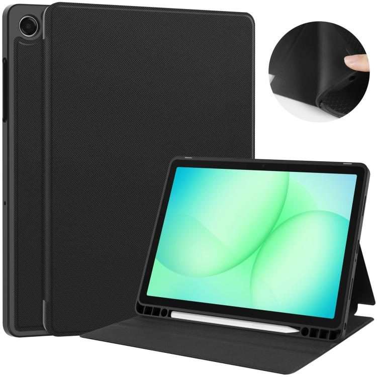 For Samsung Galaxy Tab A11+ Twill Fabric Vegan Leather Smart Tablet Case with Pen Tray ... (Black)