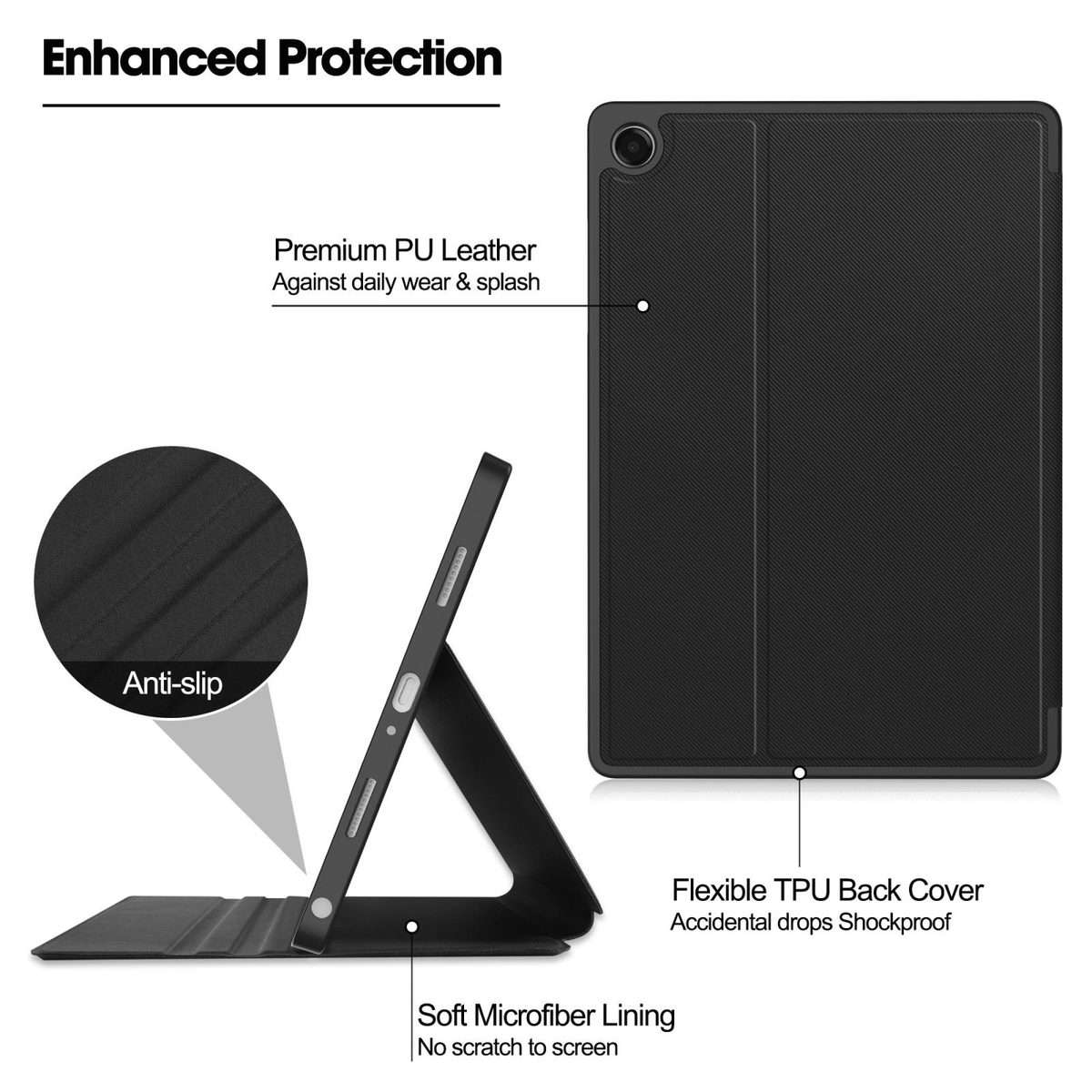 For Samsung Galaxy Tab A11+ Twill Fabric Vegan Leather Smart Tablet Case with Pen Tray ... (Black)