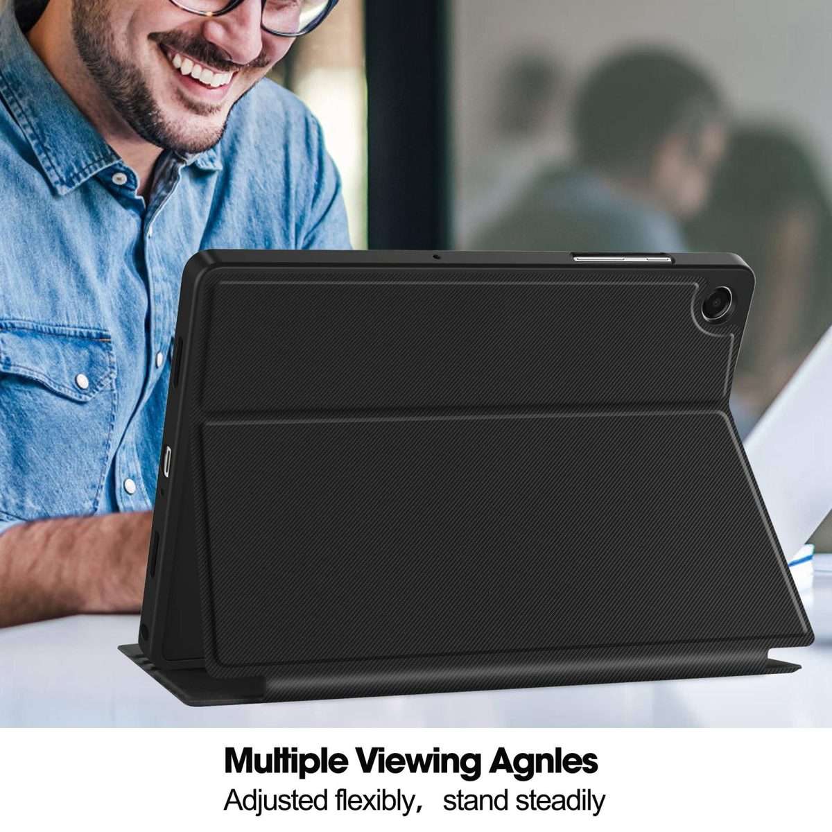For Samsung Galaxy Tab A11+ Twill Fabric Vegan Leather Smart Tablet Case with Pen Tray ... (Black)