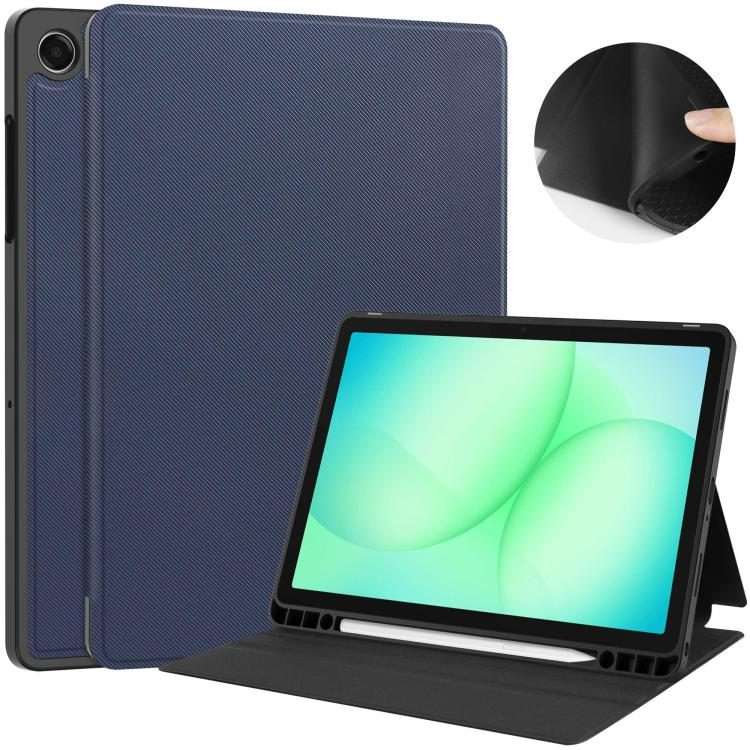 For Samsung Galaxy Tab A11+ Twill Fabric Vegan Leather Smart Tablet Case with Pen ... (Dark Blue)